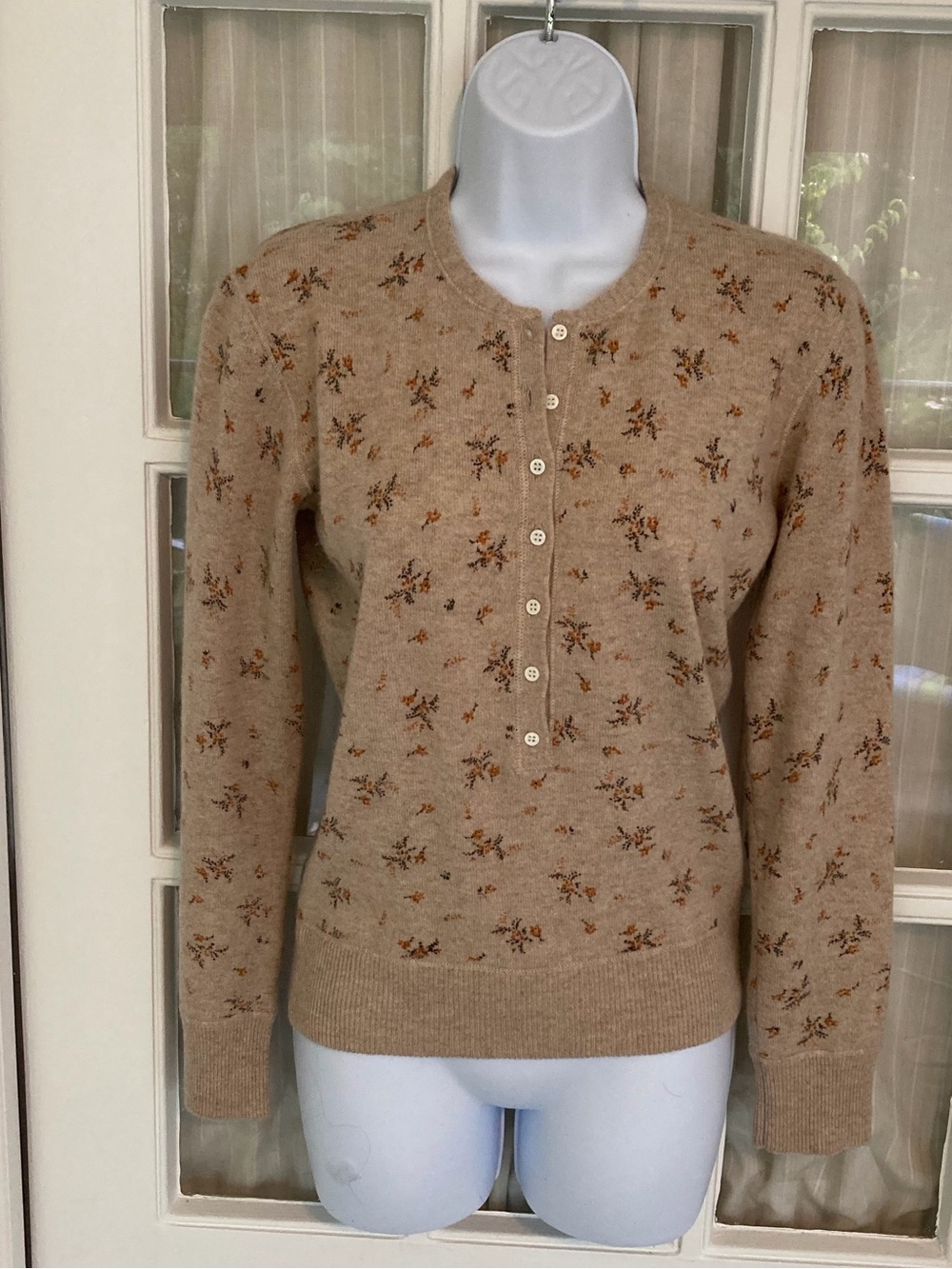 Vince Beige Floral Button-Up Crewneck Cardigan